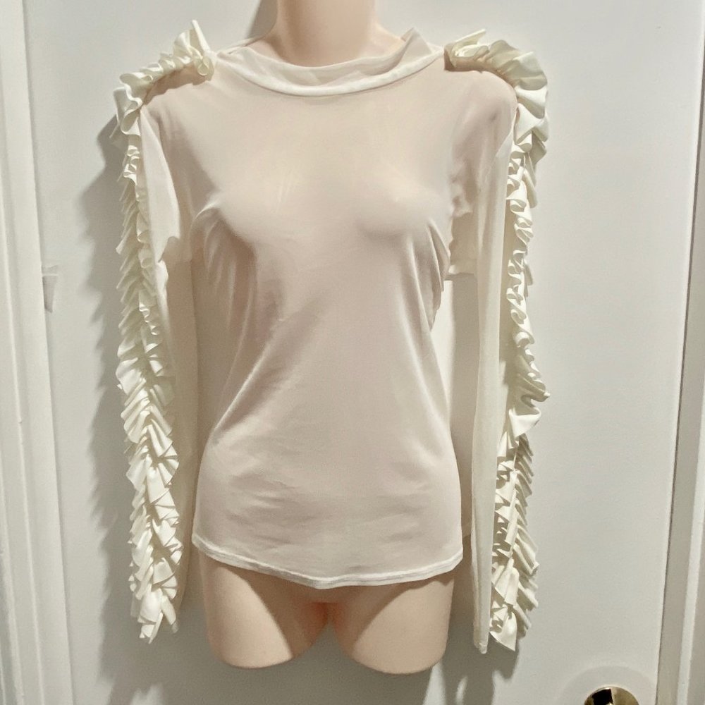(7) Artsy Fairy Coquette Sheer Mesh Ruffles Puff Sleeve Made USA Blouse Top L
